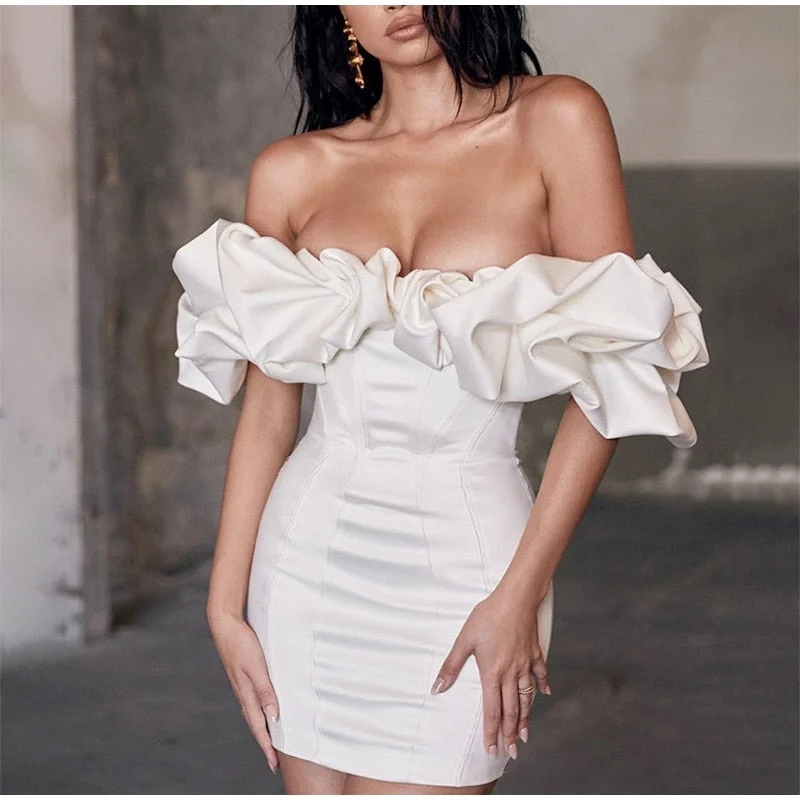 Women's V-Shaped-Neck DressesFashionSierra - Solid Fishbone Off Shoulder Ruffled One-shoulder Mini Dress