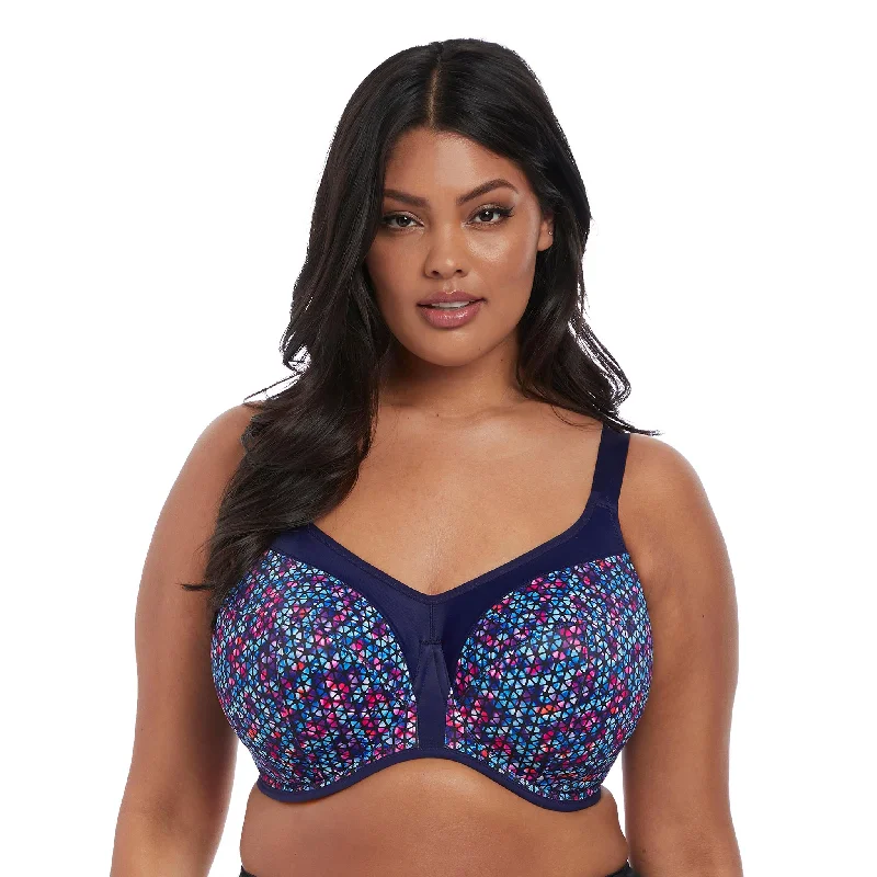 wireless bra with front closure for comfortEnergise Navy Geo UW Sports Bra by Elomi