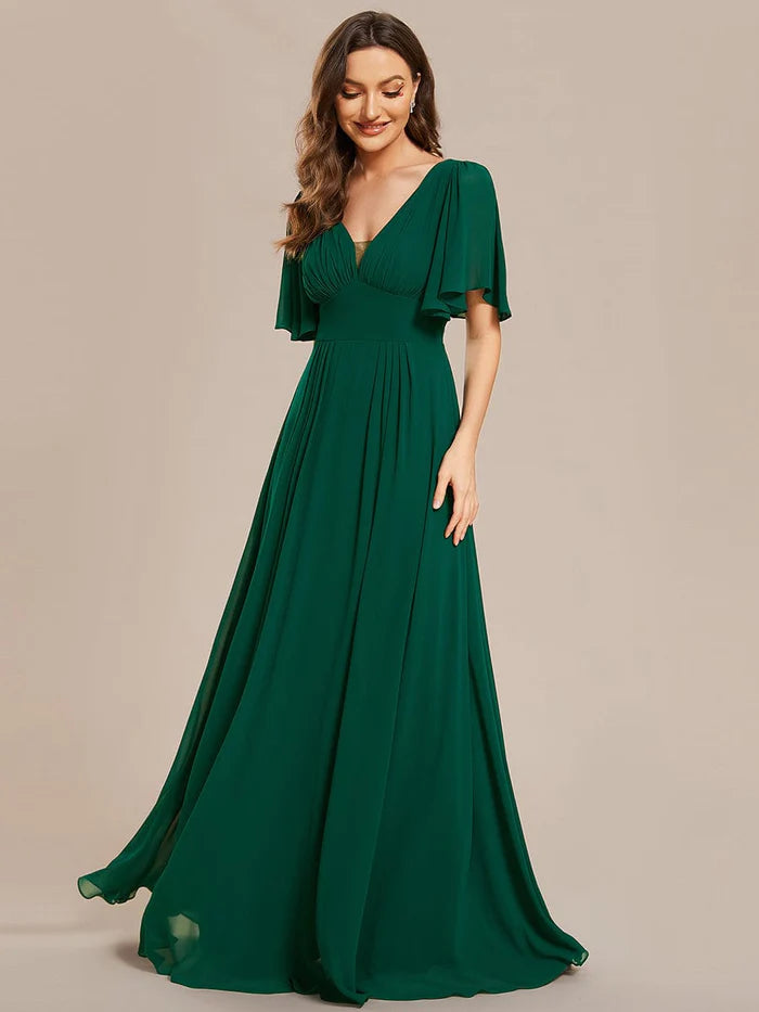 Women's Boat Collar DressesSimple Chiffon Short Sleeves Empire Waist A-Line Maxi Bridesmaid Dress