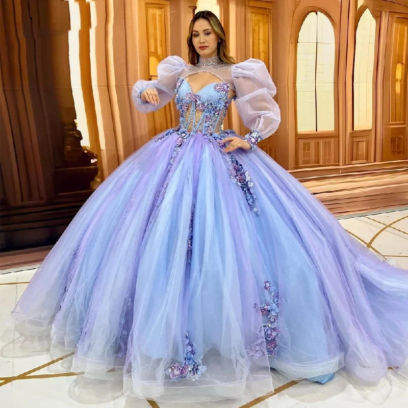 Women's Low Collar DressesLuxury Light Blue and Lilac Quinceanera Dress With Jacket Beading Flower Formal Party Princess Vestidos De 15 Anos