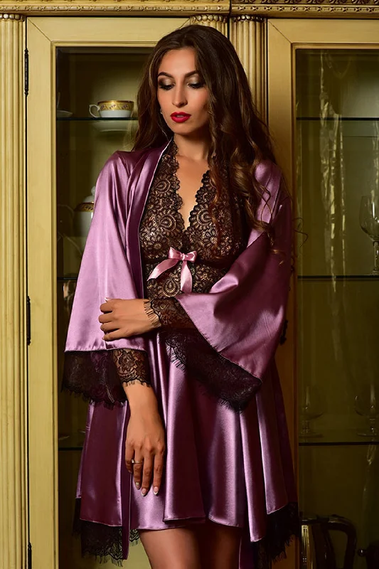 women's pajamas with a classic designDark pink peignoir set: Lace slip & robe