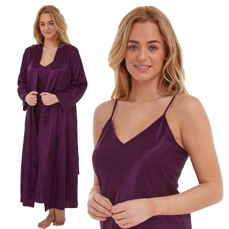 women's pajamas with snap buttonsMatching Long Full Length Purple Sexy Satin Nightdress & Wrap Set Negligee Lingerie PLUS SIZE