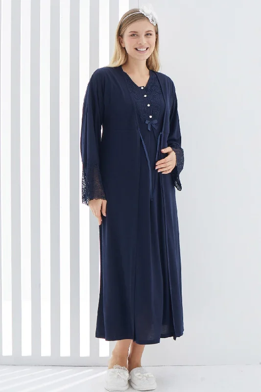 women's pajamas with a stylish cutShopymommy 2269 Maternity & Nursing Nightgown With Lace Flywheel Arm Robe Navy Blue