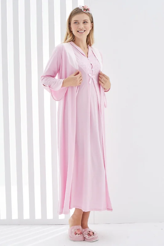 women's pajamas with a relaxed fitShopymommy 2268 Guipure V-Neck Maternity & Nursing Nightgown With Robe Pink