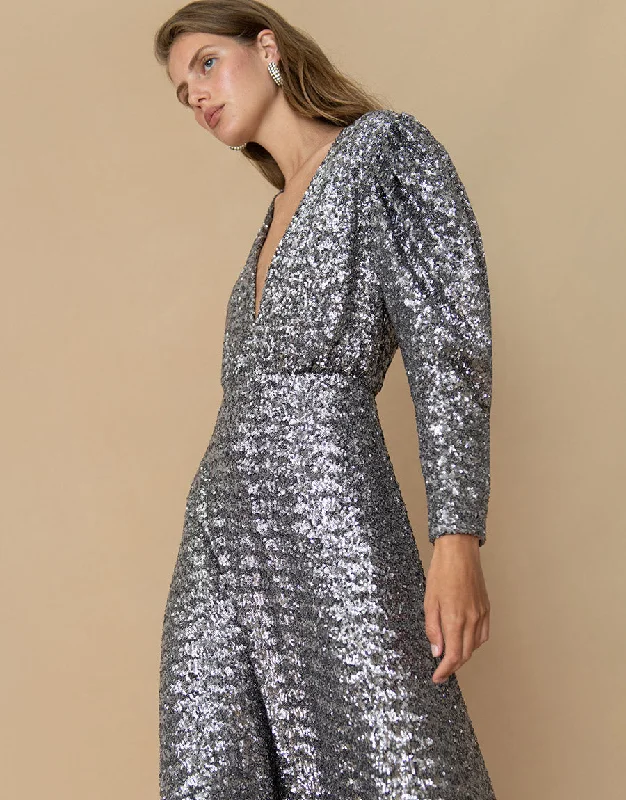 Women's Keyhole Collar DressesBernadette Sequin Midi Dress - Pewter - SALE