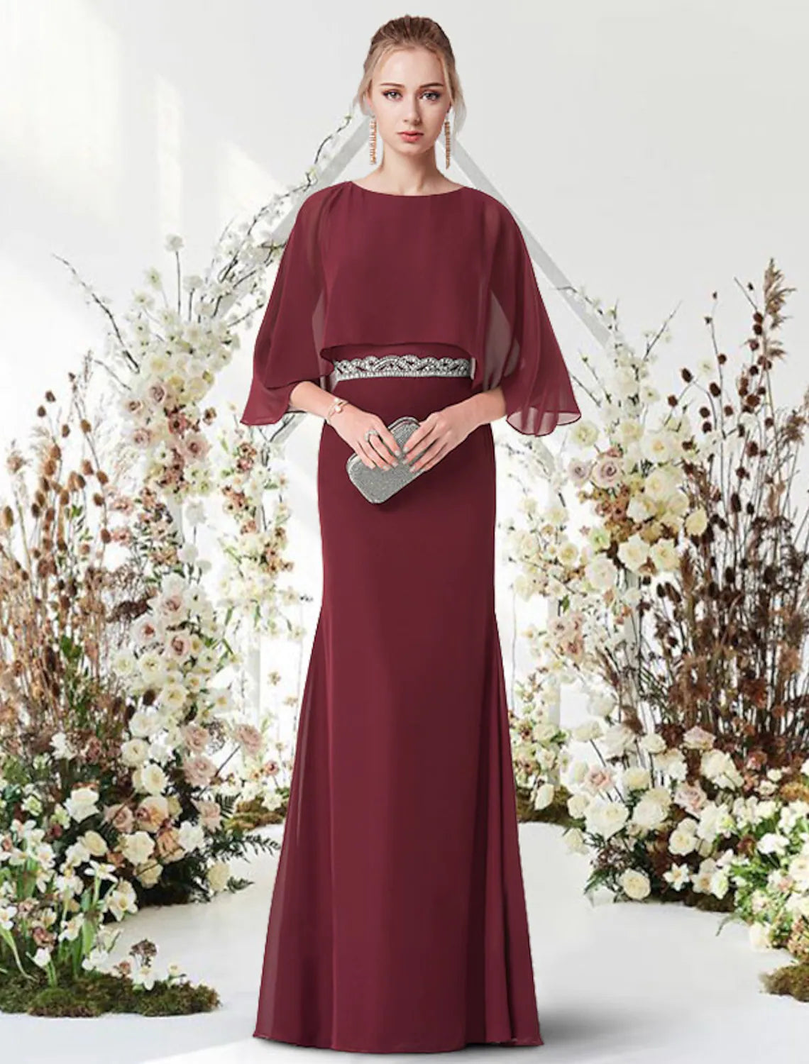 Women's Shirt Collar DressesSheath / Column Minimalist Elegant Engagement Formal Evening Dress Jewel Neck Half Sleeve Floor Length Chiffon with Sash / Ribbon