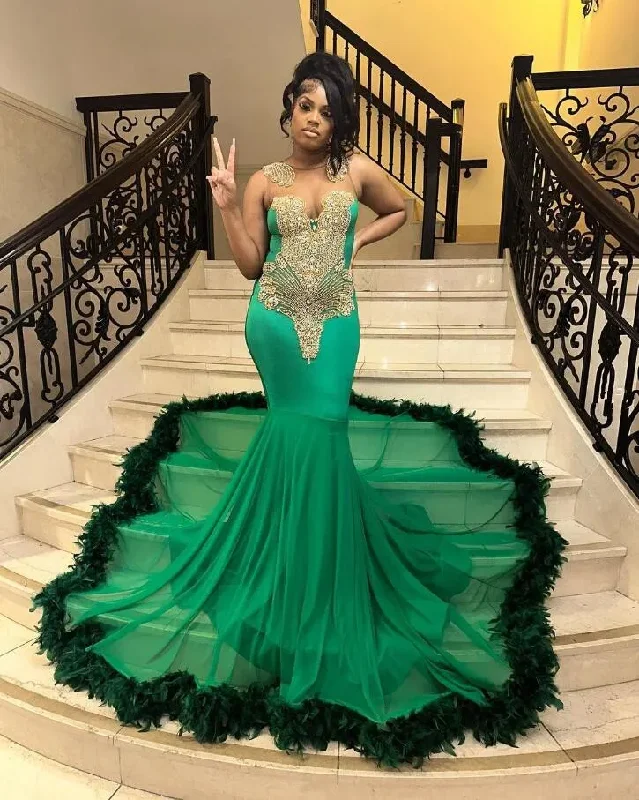 Women's Keyhole-Back DressesSparkly Long Green Mermaid Prom Ceremony Party Dresses for Black Girl Luxury Crystal Feahter Sheer Evening Birthday Gown 2024