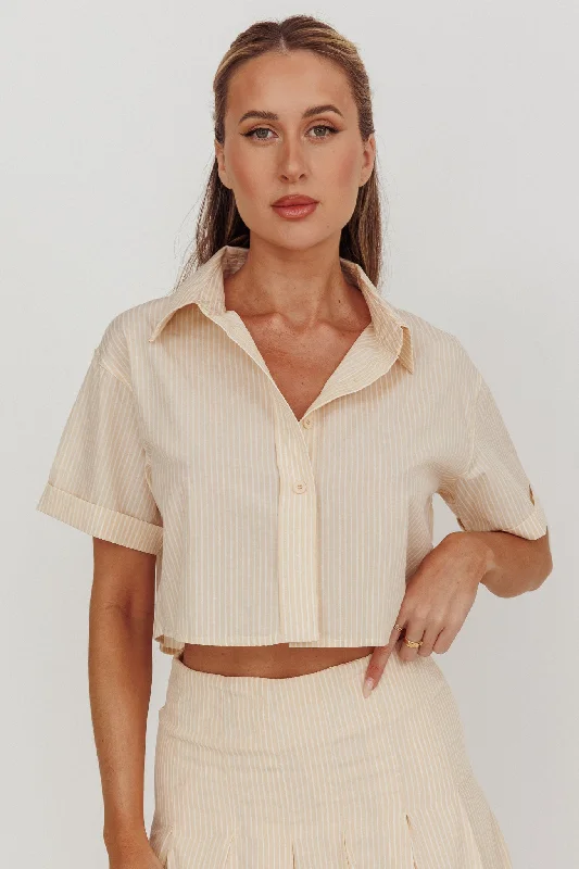 Women's Blouse with V-Shaped CollarZealous Boxy Cropped Striped Shirt Beige/Off White