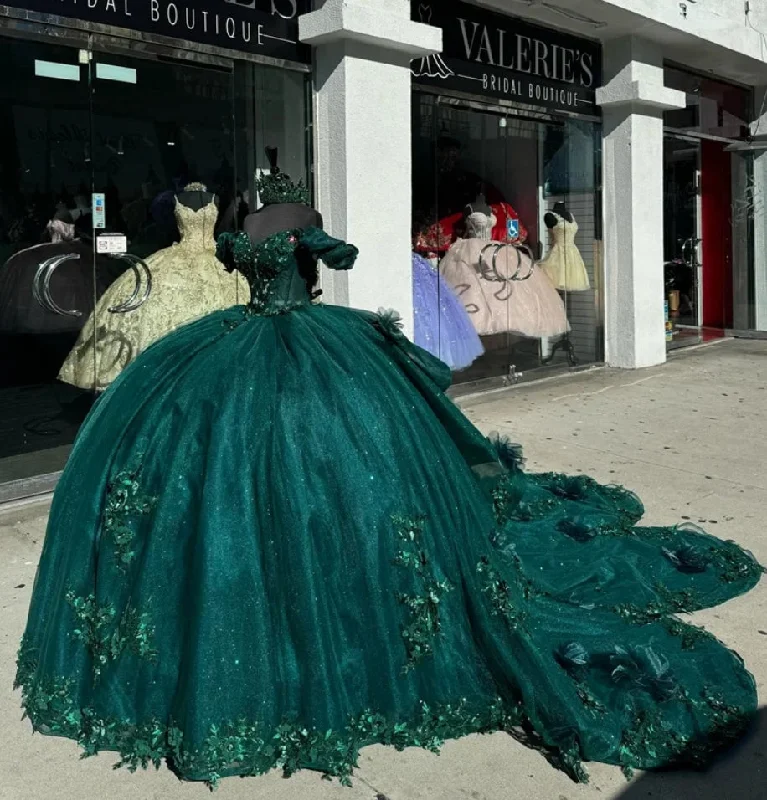 Women's Lapel Collar DressesPrincess Emerald Green Off Shoulder Ball Gown Quinceanera Dresses 2024 Beads Birthday Party Flowers Sweet 16 Dress Vestidos