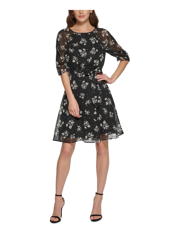 Women's Notched Collar DressesPetites Womens Floral Print Knee Fit & Flare Dress