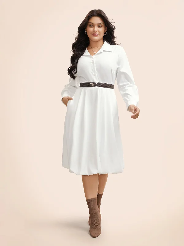 Women's Pleated DressesPlain Shirt Collar Shirred Bubble Dress