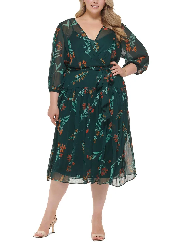 Women's Collarless DressesPlus Womens Chiffon Floral Fit & Flare Dress