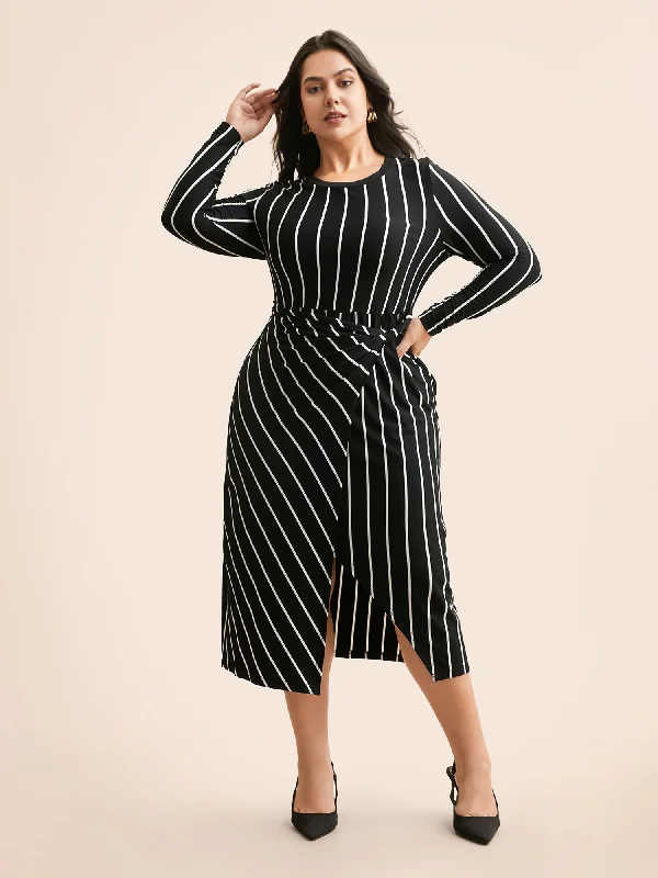 Women's Lapel Collar DressesStriped Twist Front Split Hem Dress