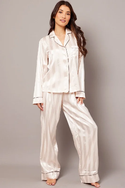 women's pajamas in bold patternsBeige Stripe Pj Set Satin Stripe Contrast Piping Pyjama