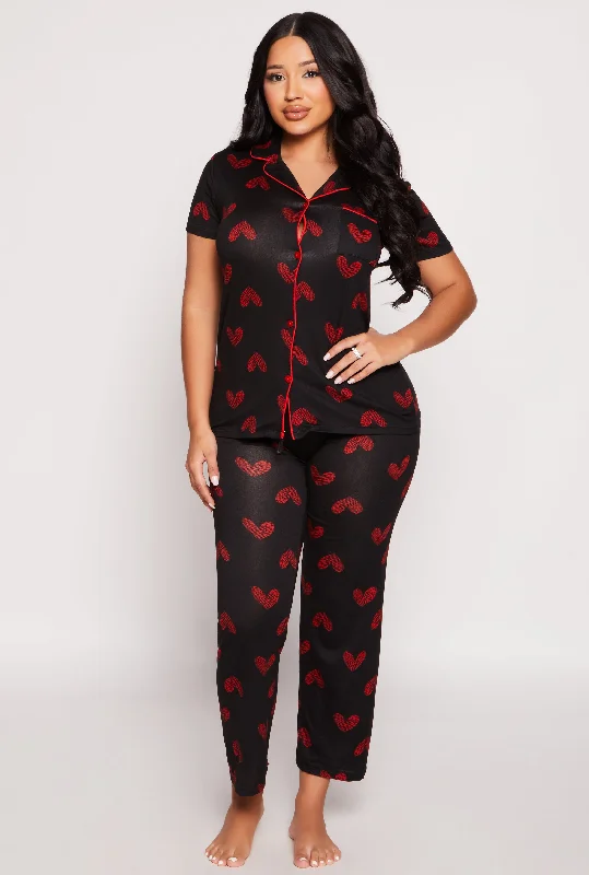 women's pajamas with built-in braSoft Knit Heart Print Pajama Shirt and Pants