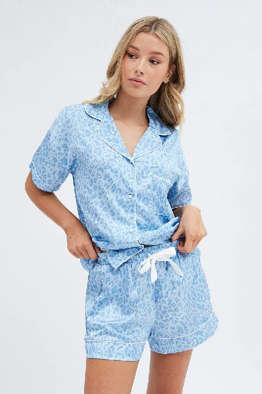 women's pajamas with elastic waistbandsBlue Animal Print Satin Pj Blue Leopard Contrast Piping Pyjama Set