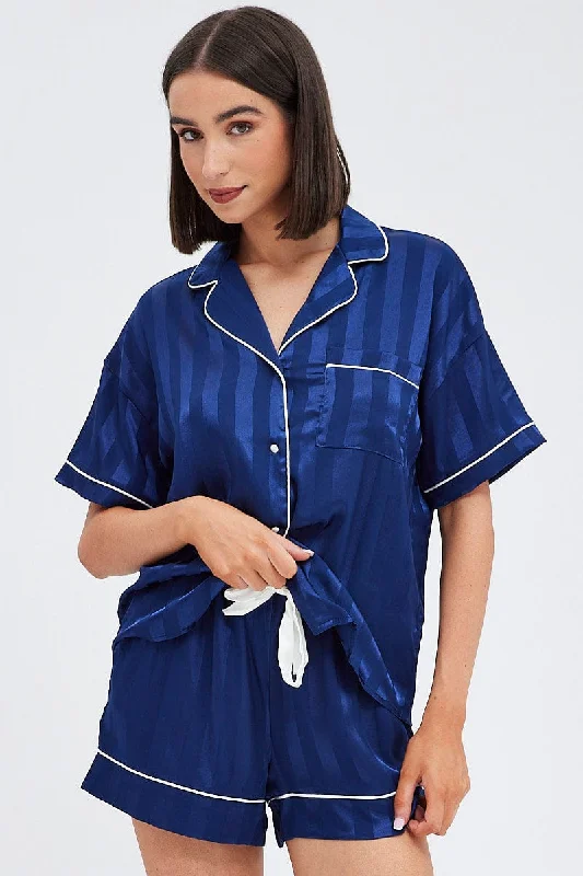 women's pajamas with moisture-wicking fabricBlue Stripe Satin Pj Jacquard Stripe Piping Pyjama Set