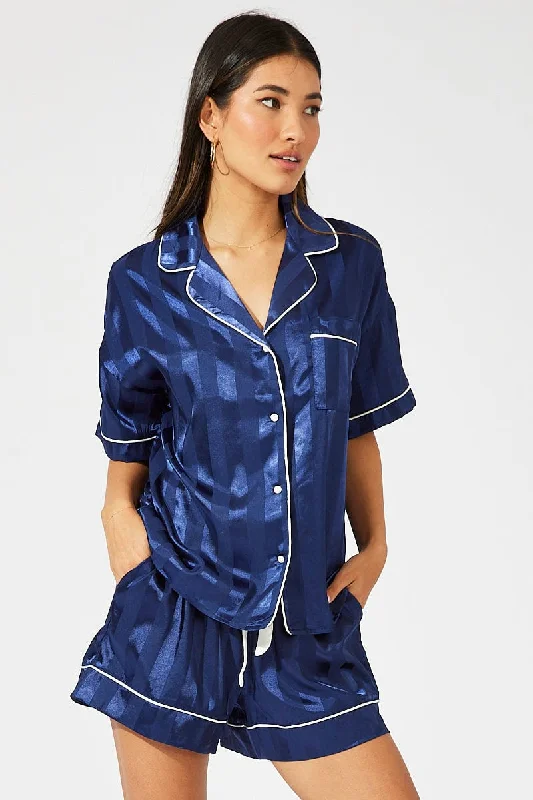 women's pajamas with a classic designBlue Stripe Satin Stripe Pj Contrast Piping Pyjama Set