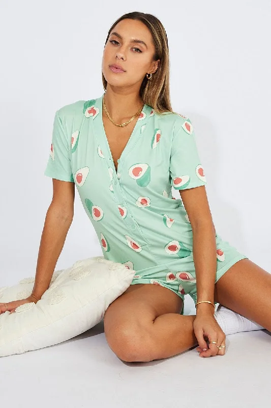 women's striped pajama setsGreen Print Avocado Romper Button Through Nightwear Onesie