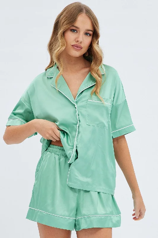 women's pajamas for those who love to stay in and relaxGreen Satin Pj Piping Button Through Pyjama Set