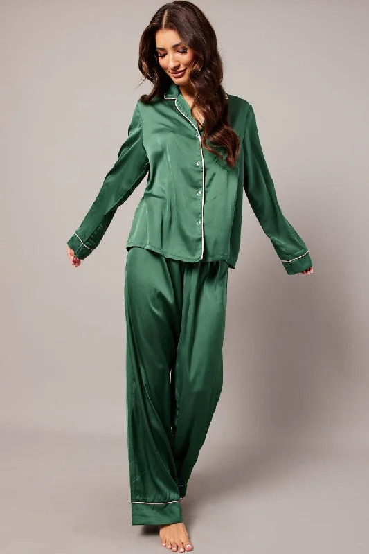 women's pajamas for those who seek ultimate relaxationGreen Satin Pyjama Contrast Piping Long Leg Pj Set