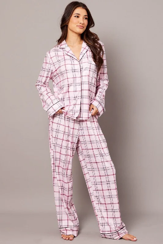 women's pajamas for a good night's sleepPink Check PJ Set Jersey Long Leg Piping Pyjama