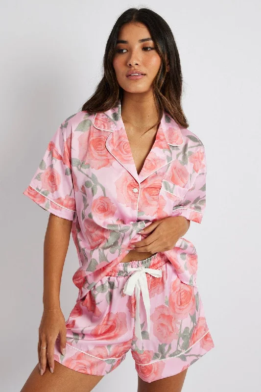 women's short sleeve pajama setsPink Floral Pyjama Set Satin Short Sleeve Piping PJ