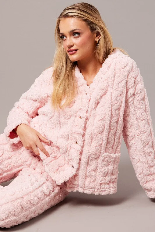 women's pajamas for the holidaysPink Fluffy PJ Set Cable Fleece Pyjamas