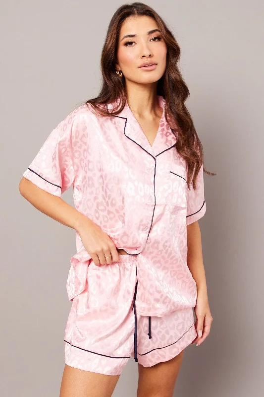 women's pajamas for winter warmthPink Pyjama Set Leopard Jacquard Piping Satin PJ