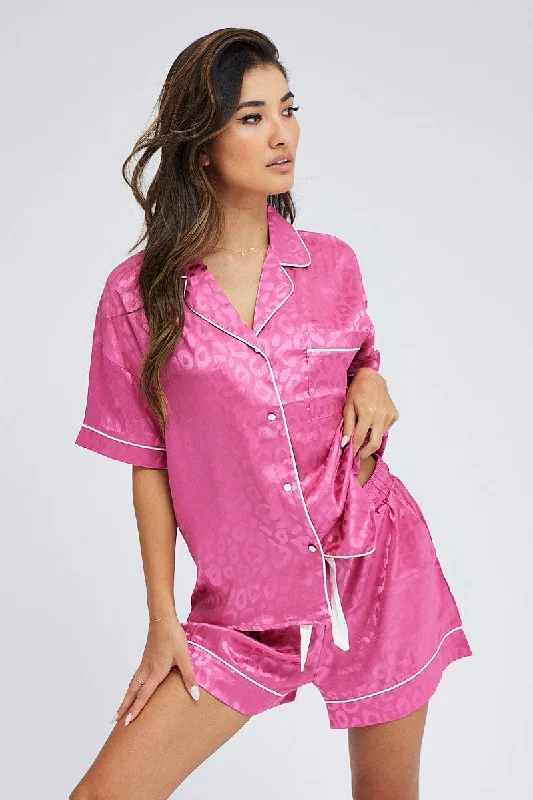 women's pajamas featuring floral embroideryPink Pyjama Set Leopard Jacquard Satin Piping PJ