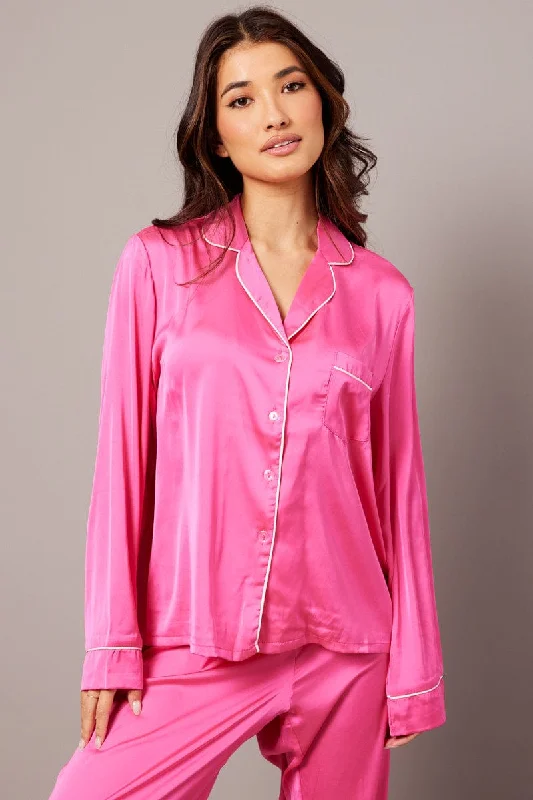 women's pajamas featuring animal printsPink Satin Pyjama Contrast Piping Long Leg Pj Set