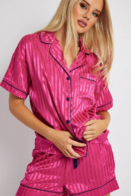 women's cotton pajama setsPink Stripe Pyjama Set Stripe Satin Jacquard Navy Piping PJ