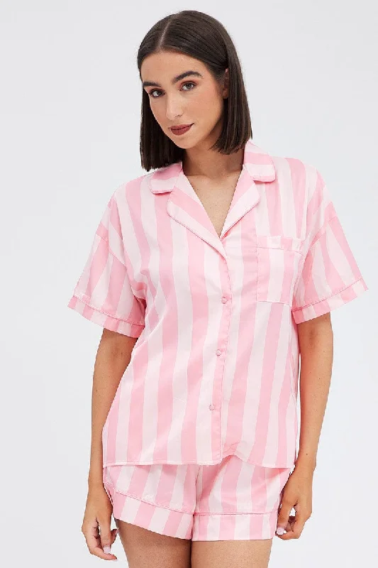 women's pajamas with drawstring waistPink Stripe Satin Pj Pink Stripe Piping Pyjama Set