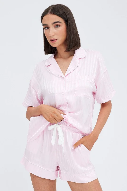 ladies' silk pajama topsPink Stripe Satin Stripe Pj Piping Button Through Pyjama Set