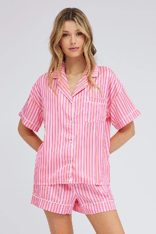 women's pajamas with a relaxed fitPink Stripe Stripe PJ Satin Contrast Piping Pyjama Set