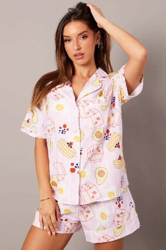 women's pajamas with a vintage lookPurple Print Pj Set Novelty Graphic Print 2 Piece Jersey Set