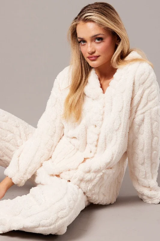 women's pajamas in a cozy, plush fabricWhite Fluffy PJ Set Cable Fleece Pyjamas