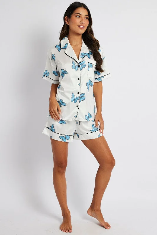 women's cotton pajama setsWhite Print Butterfly Pyjama Set Short Sleeve Piping Satin PJ